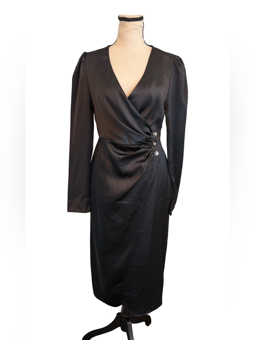 SHEIN Black Satin Ruched Long Sleeve Mini Dress Gold Button Detail Sz S
